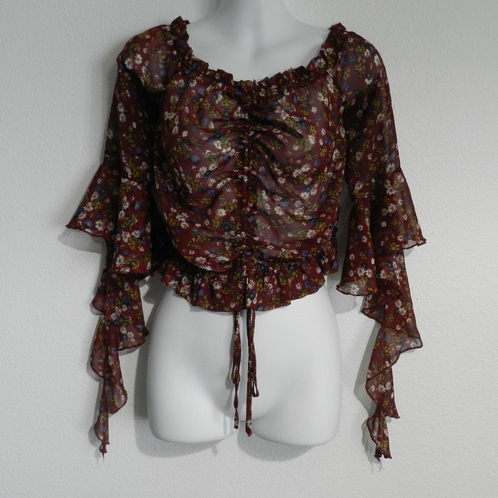 Lulumari sheer waterfall sleeve scoop neck top